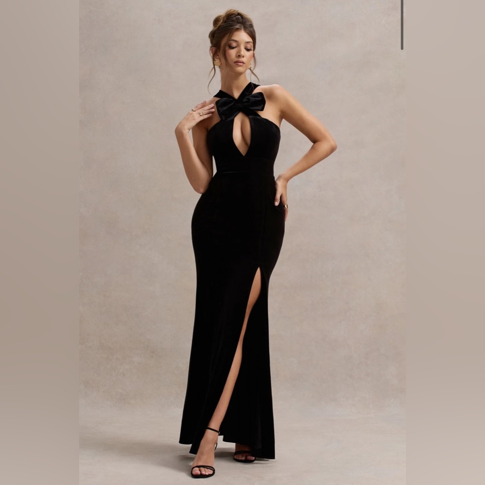 CLUB L LONDON VELVET PLUNGE HALTER-NECK SPLIT MAXI DRESS WITH BOW size 2